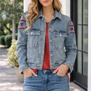 LuLaRoe Blue Denim Jacket with Red & Navy Embroidered Sleeve Accents